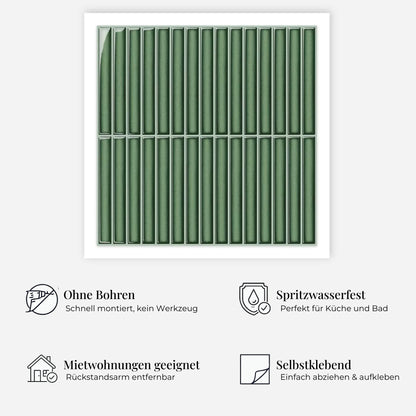 rinovim LINEA Smaragd Klebefliesen Vorteile – ohne Renovierung, rückstandslos entfernbar, spritzwassergeschützt, für Küche & Bad