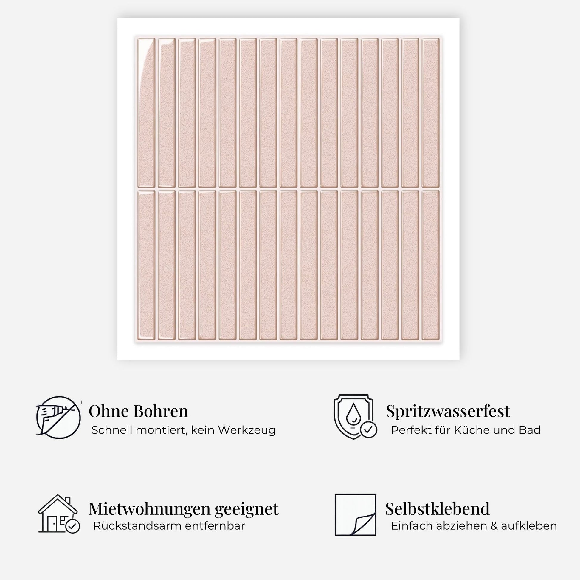rinovim LINEA Altrosa Klebefliesen Vorteile – ohne Renovierung, rückstandslos entfernbar, spritzwassergeschützt, für Küche & Bad