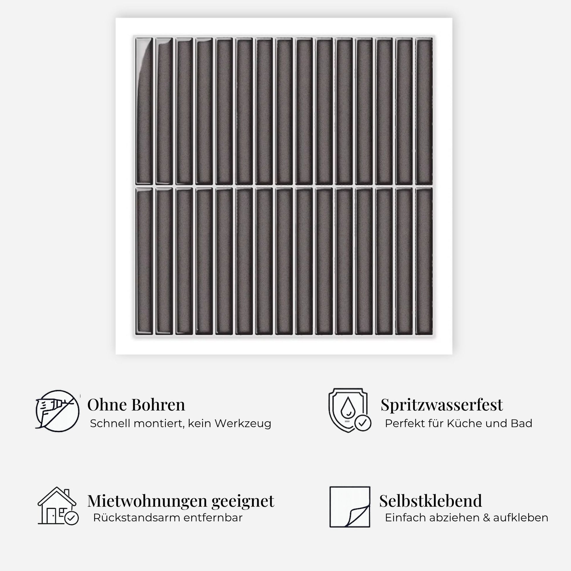 rinovim LINEA Dunkelgrau Klebefliesen Vorteile – ohne Renovierung, rückstandslos entfernbar, spritzwassergeschützt, für Küche & Bad