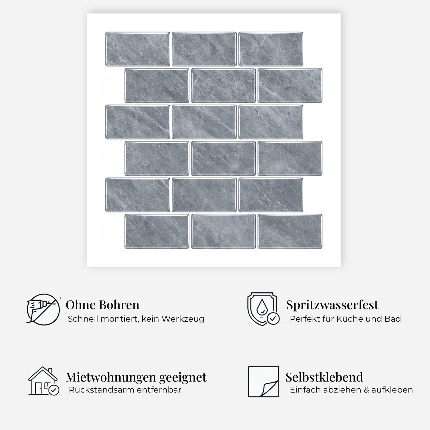 rinovim METRA Beton Klebefliesen Vorteile – ohne Renovierung, rückstandslos entfernbar, spritzwassergeschützt, für Küche & Bad