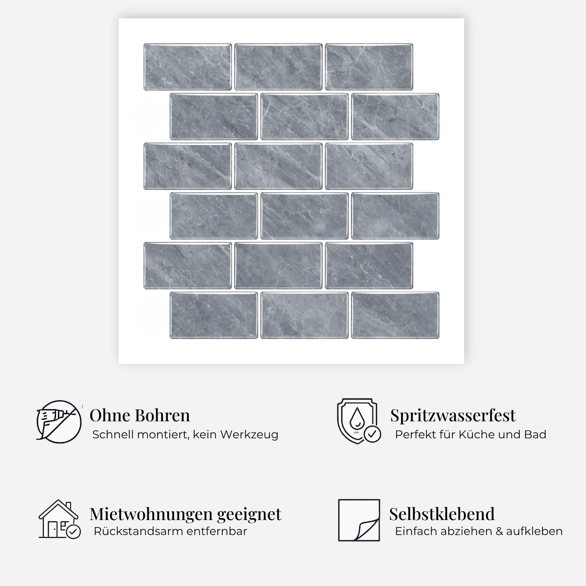 rinovim METRA Beton Klebefliesen Vorteile – ohne Renovierung, rückstandslos entfernbar, spritzwassergeschützt, für Küche & Bad