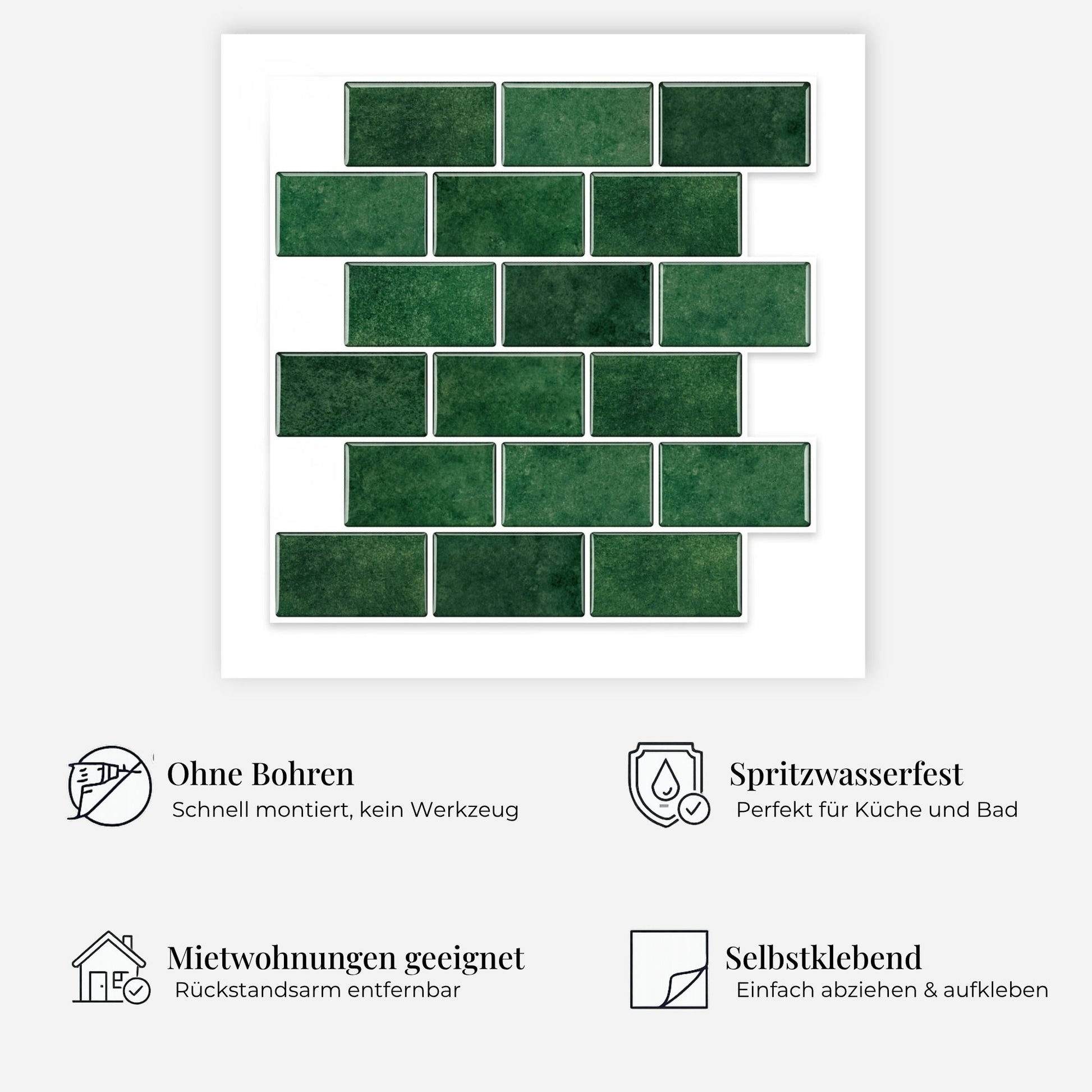 rinovim METRA Waldgrün Klebefliesen Vorteile – ohne Renovierung, rückstandslos entfernbar, spritzwassergeschützt, für Küche & Bad