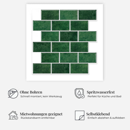 rinovim METRA Waldgrün Klebefliesen Vorteile – ohne Renovierung, rückstandslos entfernbar, spritzwassergeschützt, für Küche & Bad