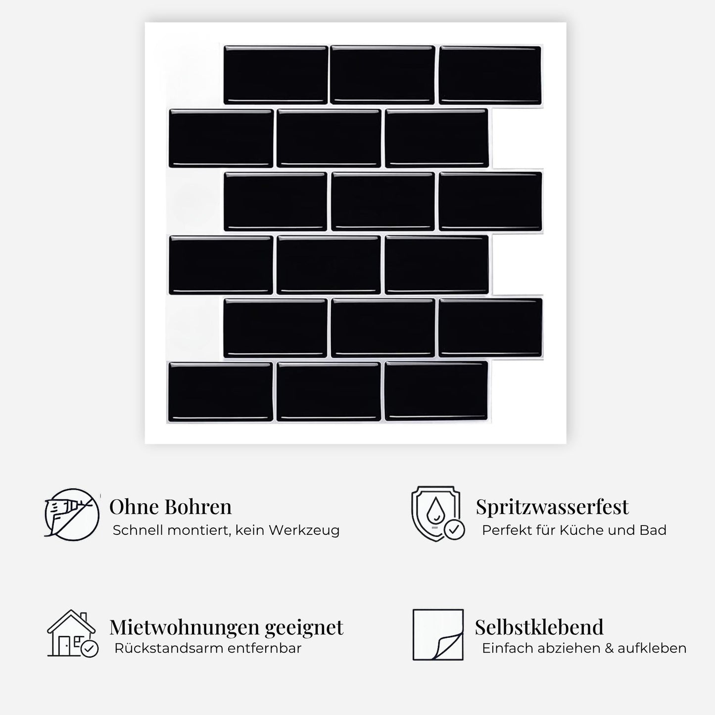 rinovim METRA Schwarz Klebefliesen Vorteile – ohne Renovierung, rückstandslos entfernbar, spritzwassergeschützt, für Küche & Bad