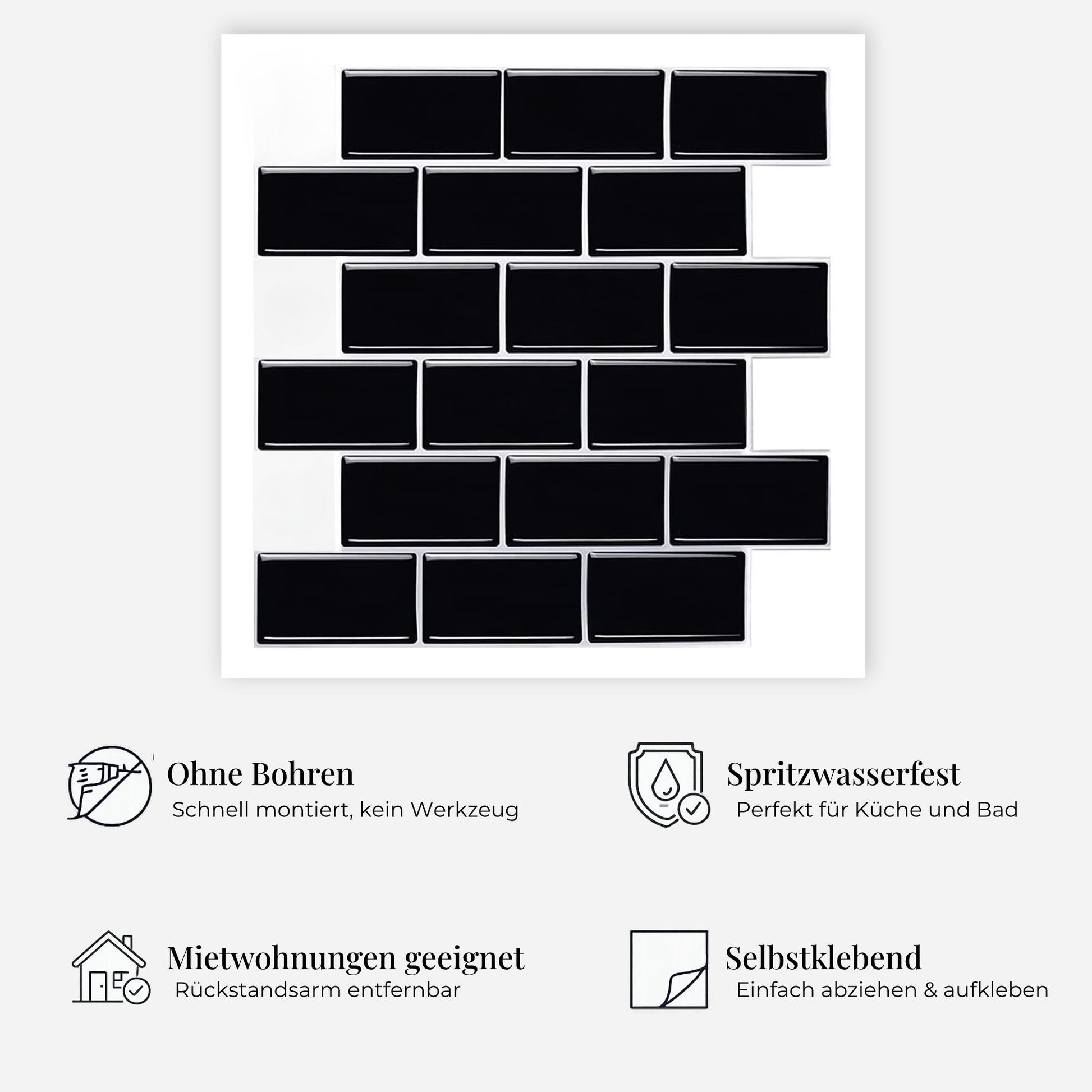 rinovim METRA Schwarz Klebefliesen Vorteile – ohne Renovierung, rückstandslos entfernbar, spritzwassergeschützt, für Küche & Bad