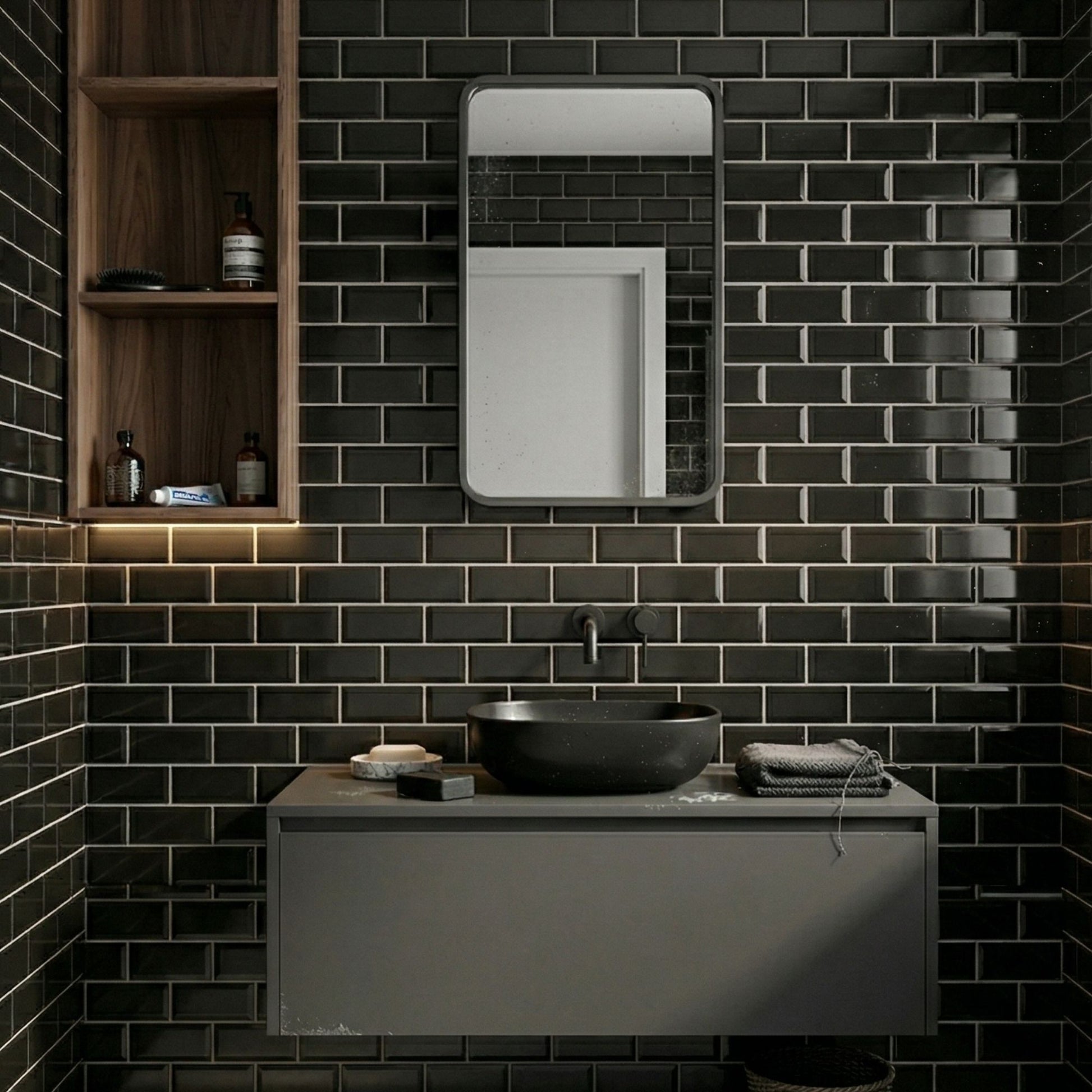 rinovim METRA Klebefliesen Schwarz Bad – cleanes Schwarz in Betonoptik im Badezimmer, spritzwassergeschützt & rückstandslos entfernbar, ideal für Mietwohnungen