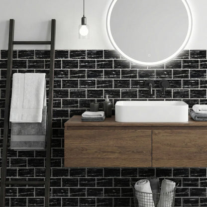 rinovim METRA Klebefliesen Schwarz-Marmor Bad – schwarze Marmoroptik im Badezimmer, spritzwassergeschützt & rückstandslos entfernbar, ideal für Mietwohnungen