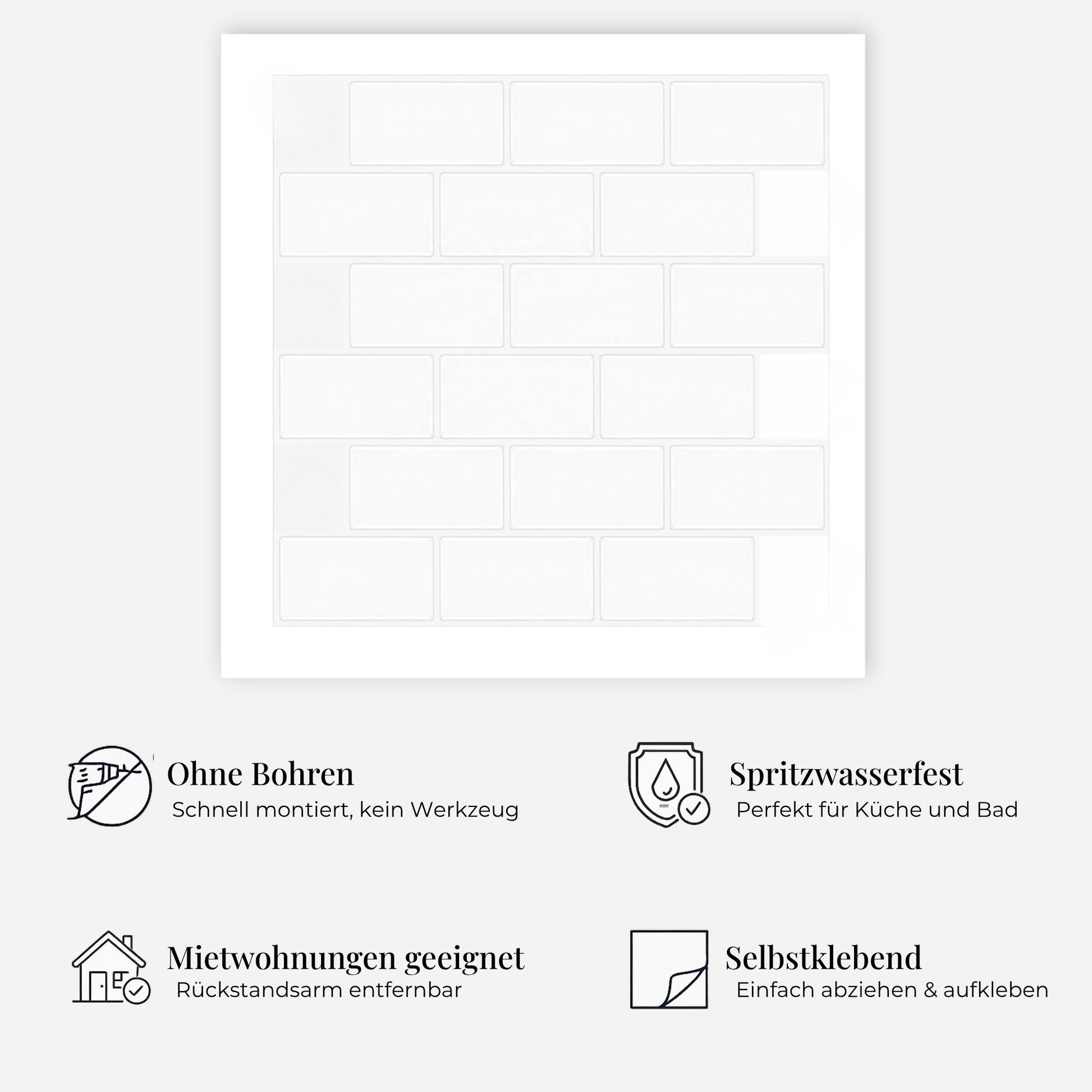 rinovim METRA Reinweiß Klebefliesen Vorteile – ohne Renovierung, rückstandslos entfernbar, spritzwassergeschützt, für Küche & Bad