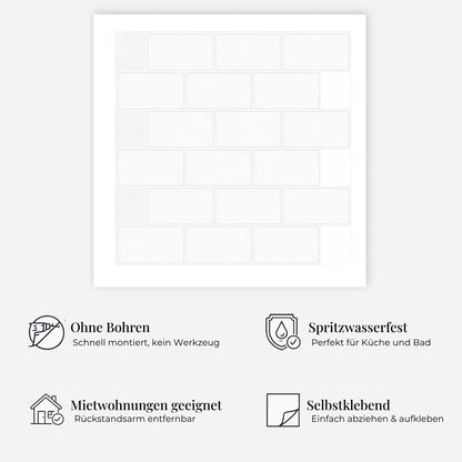 rinovim METRA Reinweiß Klebefliesen Vorteile – ohne Renovierung, rückstandslos entfernbar, spritzwassergeschützt, für Küche & Bad