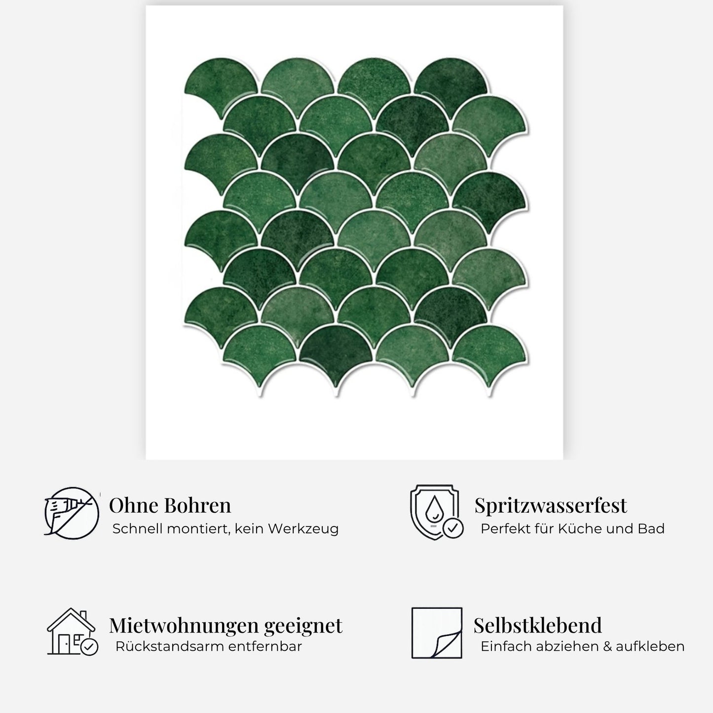 rinovim TERRA Waldgrün Klebefliesen Vorteile – ohne Renovierung, rückstandslos entfernbar, spritzwassergeschützt, für Küche & Bad
