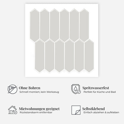 rinovim VLORA Greige Klebefliesen Vorteile – ohne Renovierung, rückstandslos entfernbar, spritzwassergeschützt, für Küche & Bad