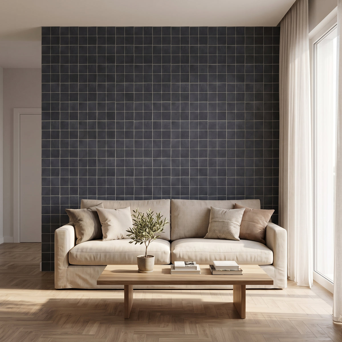 KUBO Klebefliesen Tiefes Anthrazit im Wohnzimmer
