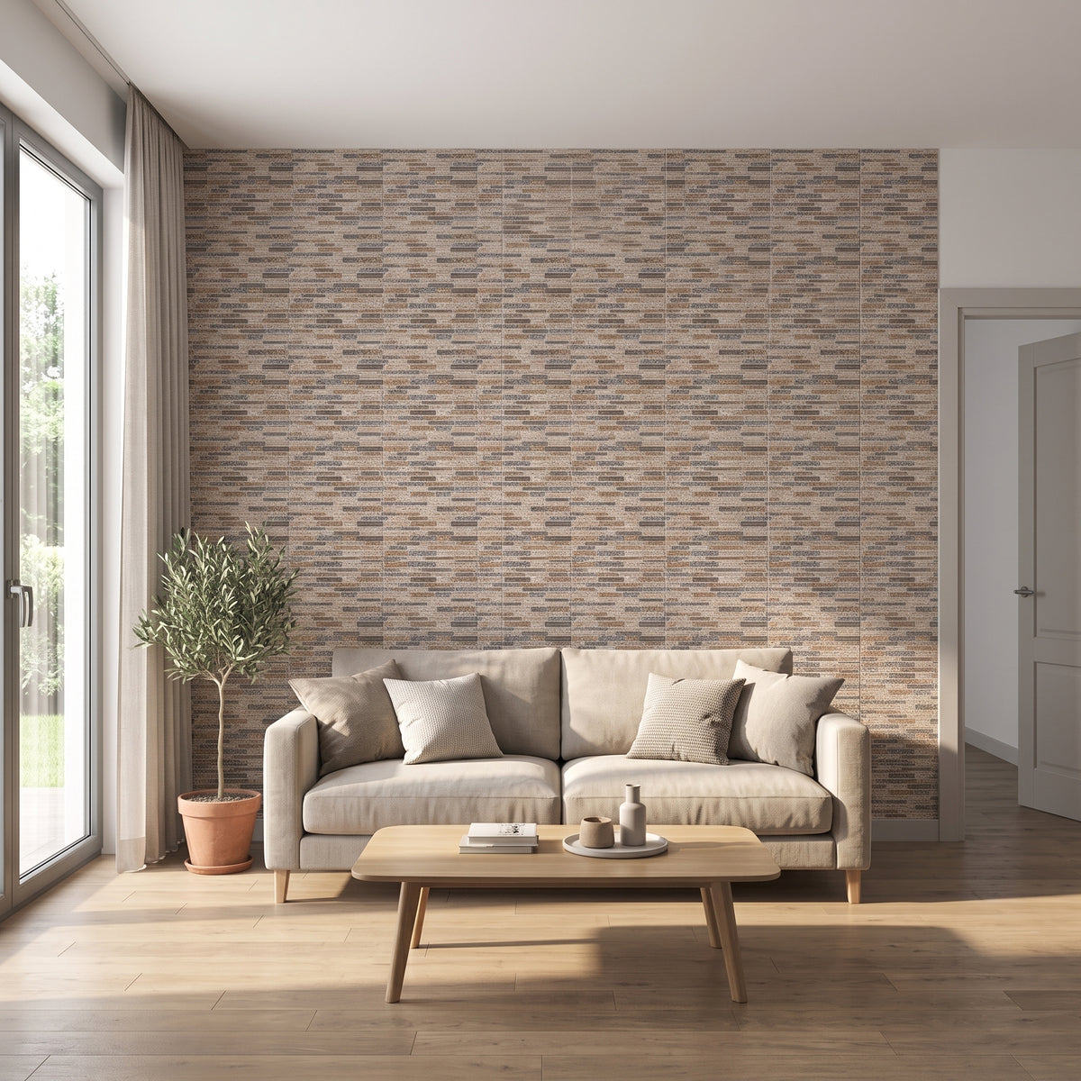 Tessa Klebefliesen Naturstein-Greige im Wohnzimmer